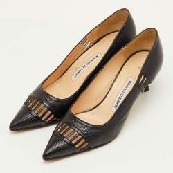 مملوكة مسبقًا Manolo Blahnik Size 38.5 Black Lizard Embossed Leather Pointed Toe Pumps