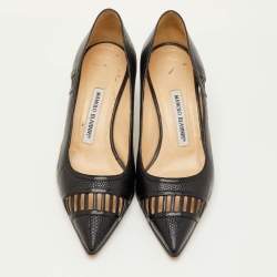 مملوكة مسبقًا Manolo Blahnik Size 38.5 Black Lizard Embossed Leather Pointed Toe Pumps