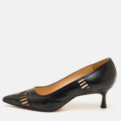 مملوكة مسبقًا Manolo Blahnik Size 38.5 Black Lizard Embossed Leather Pointed Toe Pumps