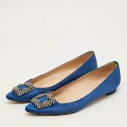Pre Owned Manolo Blahnik Hangisi Size 41 Blue Satin Ballet Flats