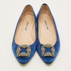 Pre Owned Manolo Blahnik Hangisi Size 41 Blue Satin Ballet Flats