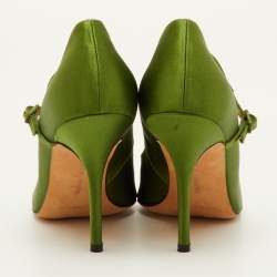 مملوكة مسبقًا Manolo Blahnik Size 39 Green Satin Mary Jane Peep Toe Pumps