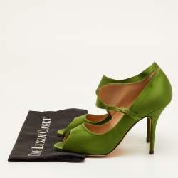 مملوكة مسبقًا Manolo Blahnik Size 39 Green Satin Mary Jane Peep Toe Pumps