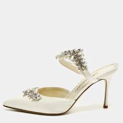 Pre Owned Manolo Blahnik Lurum Crystal Embellished Size 39.5 Ivory Satin Mules 