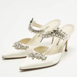 Pre Owned Manolo Blahnik Lurum Crystal Embellished Size 39.5 Ivory Satin Mules 