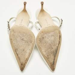 Pre Owned Manolo Blahnik Lurum Crystal Embellished Size 39.5 Ivory Satin Mules 