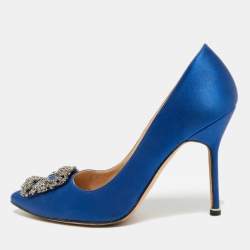 Pre Owned Manolo Blahnik Hangisi Size 38 Blue Satin Pumps