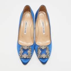 Pre Owned Manolo Blahnik Hangisi Size 38 Blue Satin Pumps