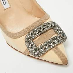 Pre Owned Manolo Blahnik Gotrian Size 38.5 Cream/Grey Fabric Crystal Embellised Pumps