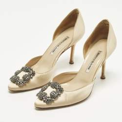 Pre Owned Manolo Blahnik Hangisi Size 37.5 Beige Satin D'orsay Pumps