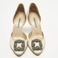Pre Owned Manolo Blahnik Hangisi Size 37.5 Beige Satin D'orsay Pumps