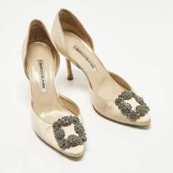 Pre Owned Manolo Blahnik Hangisi Size 37.5 Beige Satin D'orsay Pumps