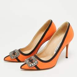 Pre Owned Manolo Blahnik Gotrian Size 38.5 Orange/Black Fabric Pumps
