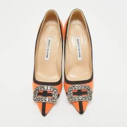 Pre Owned Manolo Blahnik Gotrian Size 38.5 Orange/Black Fabric Pumps