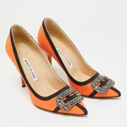 Pre Owned Manolo Blahnik Gotrian Size 38.5 Orange/Black Fabric Pumps