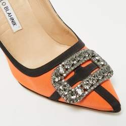 Pre Owned Manolo Blahnik Gotrian Size 38.5 Orange/Black Fabric Pumps