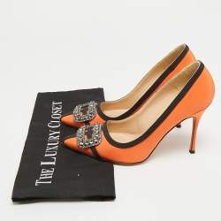 Pre Owned Manolo Blahnik Gotrian Size 38.5 Orange/Black Fabric Pumps