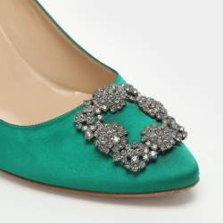 Pre Owned Manolo Blahnik Hangisi Size 41 Green Satin Pumps