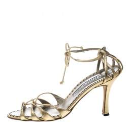 مملوكة مسبقًا Manolo Blahnik Metallic Gold Leather Strappy Ankle Wrap Sandals Size 38