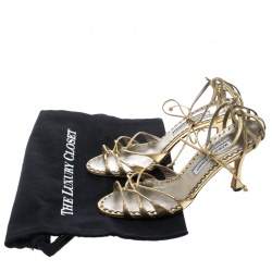 مملوكة مسبقًا Manolo Blahnik Metallic Gold Leather Strappy Ankle Wrap Sandals Size 38