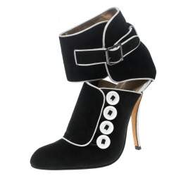 Manolo Blahnik Black/White Suede and Fabric Rapacina Button Detail Booties Size 35.5