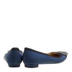 Manolo Blahnik Navy Blue Satin Gotrian Crystal Embellished Pointed Toe Flats Size 36.5