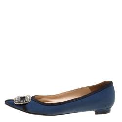 Manolo Blahnik Navy Blue Satin Gotrian Crystal Embellished Pointed Toe Flats Size 36.5