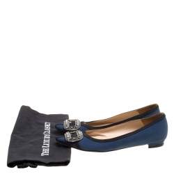 Manolo Blahnik Navy Blue Satin Gotrian Crystal Embellished Pointed Toe Flats Size 36.5