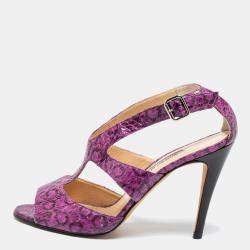  Manolo Blahnik Purple And Black Snakeskin Peep Toe Ankle Strap Sandals Size 38.5