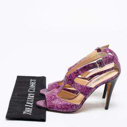  Manolo Blahnik Purple And Black Snakeskin Peep Toe Ankle Strap Sandals Size 38.5