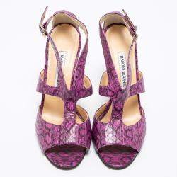  Manolo Blahnik Purple And Black Snakeskin Peep Toe Ankle Strap Sandals Size 38.5