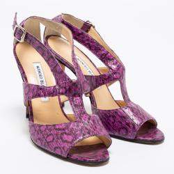  Manolo Blahnik Purple And Black Snakeskin Peep Toe Ankle Strap Sandals Size 38.5