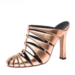 Pre Owned Manolo Blahnik Metallic Rose Gold Lasercut Leather Mule Sandals Size 36