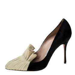 Manolo Blahnik Black And Beige Suede Arleti Frill Detail Pumps Size 39.5