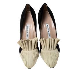 Manolo Blahnik Black And Beige Suede Arleti Frill Detail Pumps Size 39.5