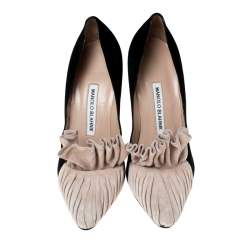 Pre Owned Manolo Blahnik Beige And Black Suede Arleti Frill Detail Pumps Size 37