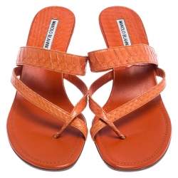 Manolo Blahnik Orange Python Susa Thong Kitten Heel Sandals Size 40