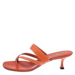 Manolo Blahnik Orange Python Susa Thong Kitten Heel Sandals