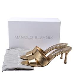 Pre Owned صندل مانولو بلانيك مفتوح جلد ذهبي ميتالك مقاس 42