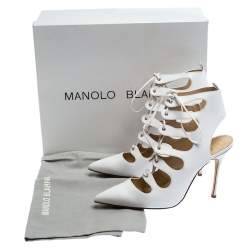 Manolo Blahnik White Leather Latta Cut Out Lace Up Pointed Toe Sandals Size 39