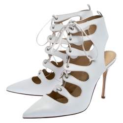 Manolo Blahnik White Leather Latta Cut Out Lace Up Pointed Toe Sandals Size 39