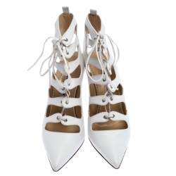 Manolo Blahnik White Leather Latta Cut Out Lace Up Pointed Toe Sandals Size 39