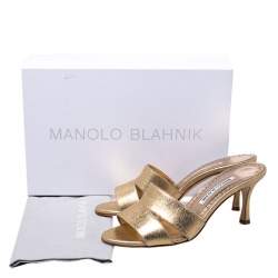 Manolo Blahnik Metallic Gold Canvas Lacopo Open Toe Sandals Size 37.5