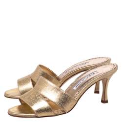 Manolo Blahnik Metallic Gold Canvas Lacopo Open Toe Sandals Size 37.5