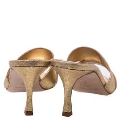 Manolo Blahnik Metallic Gold Canvas Lacopo Open Toe Sandals Size 37.5