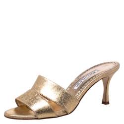 Manolo Blahnik Metallic Gold Canvas Lacopo Open Toe Sandals Size 37.5