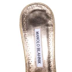 Manolo Blahnik Metallic Gold Canvas Lacopo Open Toe Sandals Size 37.5