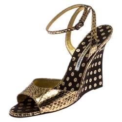 Manolo Blahnik Gold Python Embossed Leather Wedge Ankle Strap