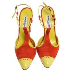 Manolo Blahnik Yellow/Orange Brogue Detail T-Bar Ankle Strap Sandals Size 40