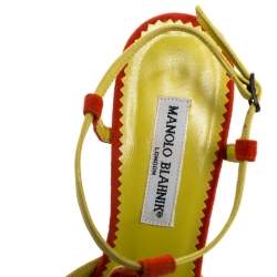 Manolo Blahnik Yellow/Orange Brogue Detail T-Bar Ankle Strap Sandals Size 40